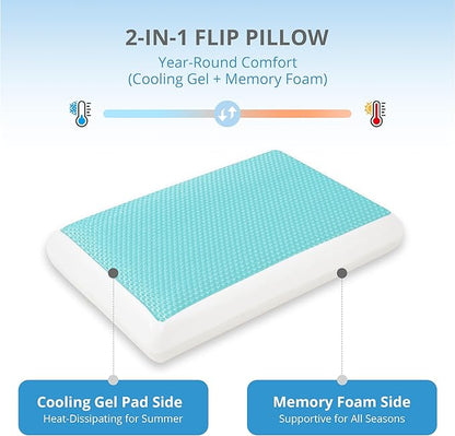 Cooling Pillow for Sleeping, Gel Memory Foam Pillow with Reversible Cover, Neck Support for Side, Back and Stomach Sleepers, Removable & Machine Washable Cover, Bed Pillows for Hot Sleepers, Blue