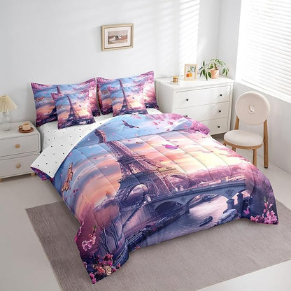 Feelyou Eiffel Tower Comforter Set with Sheets Twin Size Paris 7 Piece Bedding Set for Adult Boys Girls Teens Pink Flower and Butterfly Bed in a Bag Romantic Bed Set