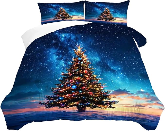 Christmas Tree Comforter Set Twin Size Galaxy Bedding for Kids Girls Teen Women Blue Xmas Holiday Space Bedroom Quilt Bed Sets, 1 Comforter 1 Pillowcase