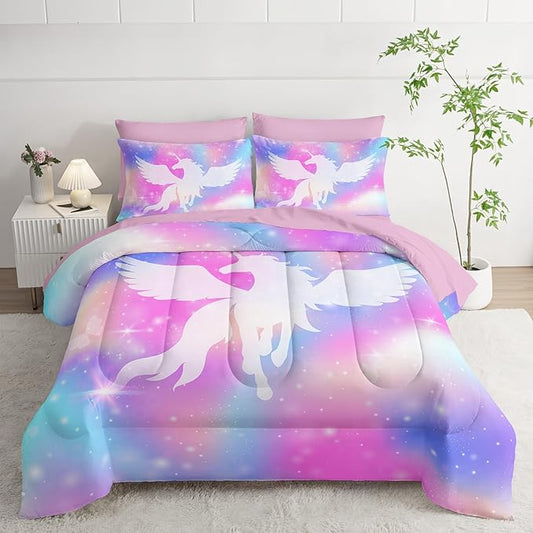 Galaxy Unicorn Bedding Set Twin - Unicorn Comforter Set (7 Piece) - Pegasus Galaxy Kids Bedding, Pink Purple Blue Girls Quilt Set, All Season Microfiber Bed Set with Shams, Flat/Fitted Sheet