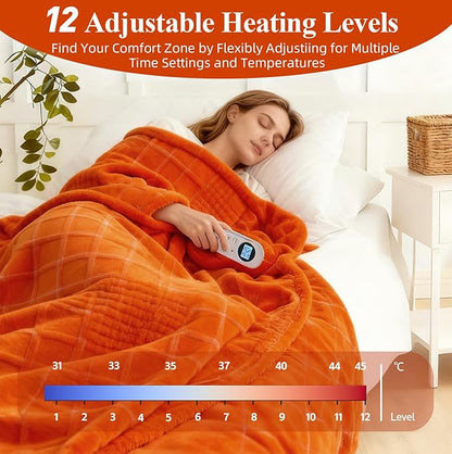 Heated Blanket Electric Heating Blanket Waffle with 12 Heat Levels, Fast Heating Blanket with 1-12 Timer, Overheat Protection with ETL & FCC for Bed Home Office Sofa -Orange -Single(50"x60")