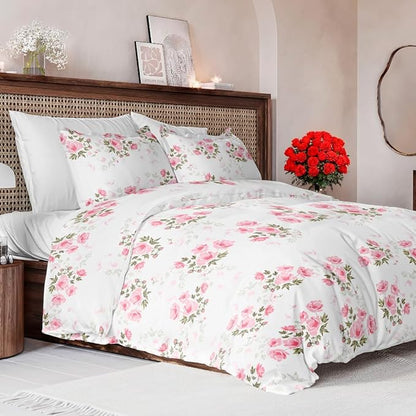Duvet Cover King Size Set - Extra Soft Floral Duvet Cover 104 x 90 with 2 Pillow Shams - Comfy, Breathable Floral Bedding Set - Hotel Luxury Easy-Care & Fade Free with Zipper Closures & Ties - Bloom