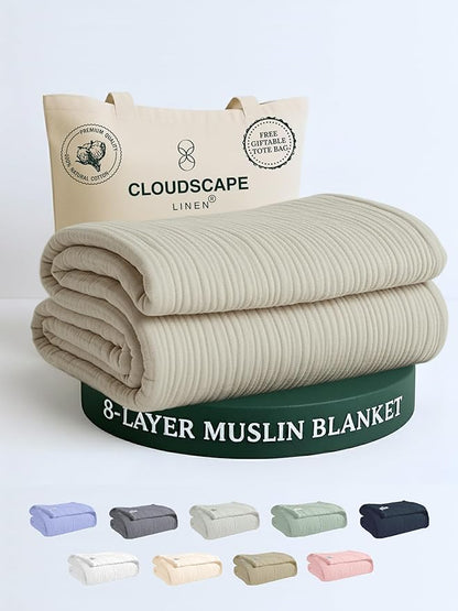 Cloud Scape Linen 8-Layer Muslin Blanket Queen Size - 100% Cotton, Soft and Breathable, Oversized Winter Blanket, Fits up to Full Size Bed, 92x92, Fog