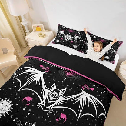 Bat Duvet Cover Set Twin Size Sun Moon Starry Galaxy Bedding Set Gothic Style Wild Animals Comforter Cover for Kids Boys Girls Teens Bedroom Decor Pink Floral Exotic Black White Quilt Cover 2Pcs