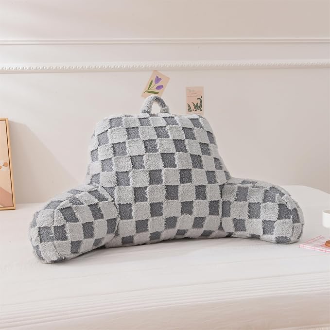 Aimuan Checkered Reading Pillow Bed Rest Wedge Backrest Checkerboard Pillow with Arms Back Support for Sitting Up in Bed Cushion Incline Rest Sleeping Snoring Pillow (Grey,Standard)