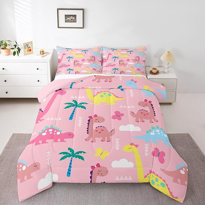 Lovely Dinosaur Kids Comforter Set Twin Size,Cartoon Dino Kawaii Wild Animal Reversible Bedding Sets for Teens Bedroom Decor,Colorful Cute Butterflies Pink Quilted Duvet,1 Pillowcase