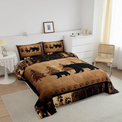 Feelyou Bear Comforter Set Toddler Size Farmhouse Wild Animal Comforter Retro Bear Family Bedding Set for Kids Boys Girls Brown Bear Paws Duvet Set Rustic Bedroom Decor Quilted Set 2Pcs