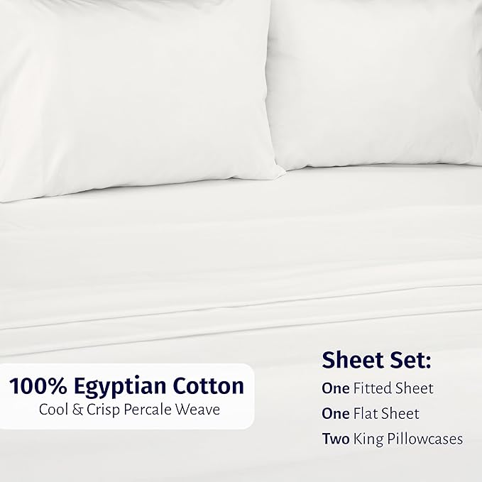 California Design Den California King Sheets Deep Pockets Set - Certified 100% Egyptian Cotton Sheets Set, Lightweight & Crisp Percale, Durable Luxury Bedding - Ivory