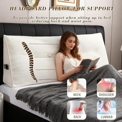 Wedge Headboard Pillow for Bed, Twin Dorm Headboard Support for Sitting Up Reading, Relaxing, Removable Washable Corduroy Cover, Polyester and Shredded Foam Filling, White