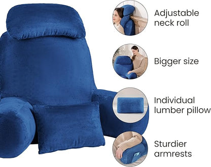 NOONTIDE Reading Pillow for Sitting up in Bed and Couch,32" X-Large Back Pillow for Adult & Teens with Soft Adjustable Neck Roll Backrest Pillow,Washable Cover,Watching TV/Gaming/Relaxing(Blue)