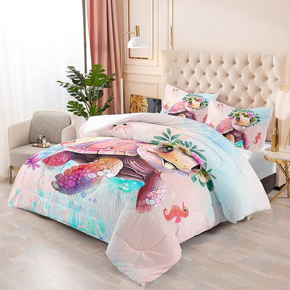 CVHOUSE Kawaii Sea Turtle Comforter Set Twin Size, Tie Dye Turtle Quilt Set, Ocean Decor 3 Pieces