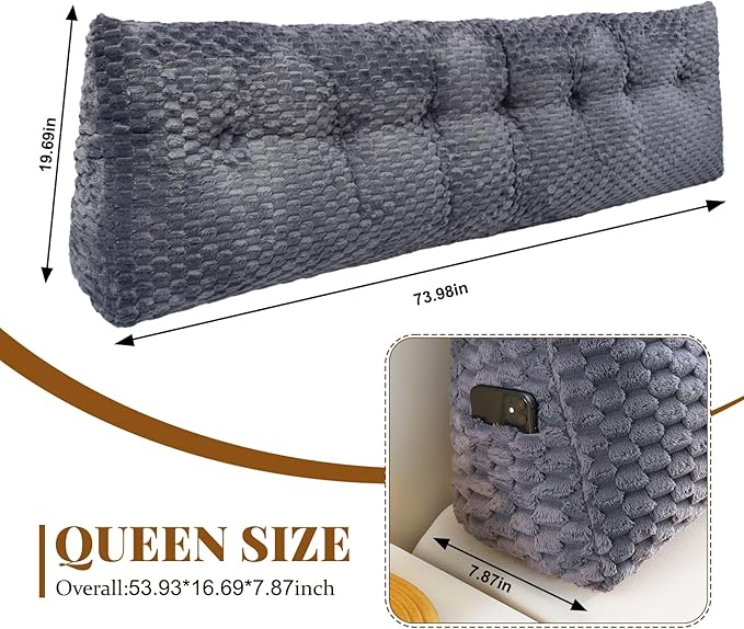 Large Headboard Wedge Pillow, Bed Rest Reading Pillow, Back Support Long Pillow, Bed Bolster Rest Reading Pillow with Removable Cover (Grey, King:76 * 20 * 8Inches)