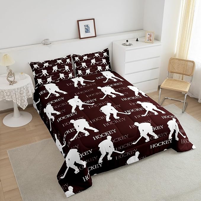 Castle Fairy Ice Hockey Full Size Comforter Set,Red Brown Hockey Player Bedding Set for Adults Teens,Children Winter Sports Comforter Luxury Hockey Sports Event Quilt Set Room Decor 3Pcs