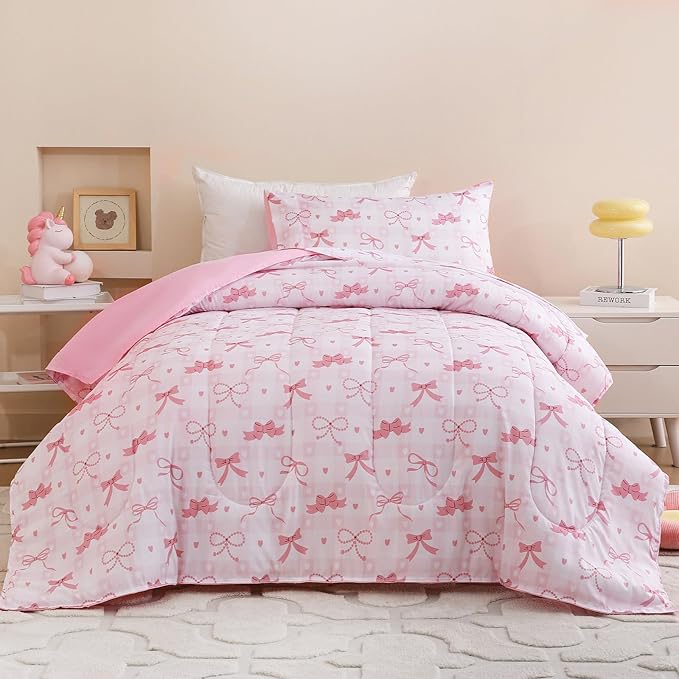 Toddler Comforter Set for Kids, Boys, Girls, 4 Pieces Bed-in-a-Bag Bedding Set, All Season Ultra Soft Sheets Set with Comforter, Pink Bow