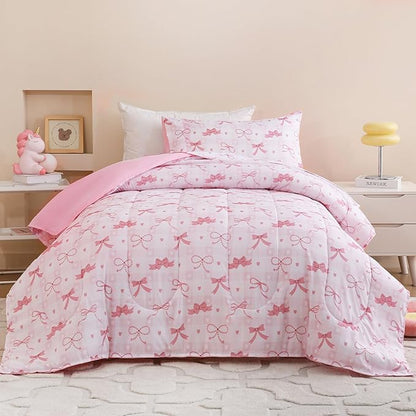 Toddler Comforter Set for Kids, Boys, Girls, 4 Pieces Bed-in-a-Bag Bedding Set, All Season Ultra Soft Sheets Set with Comforter, Pink Bow