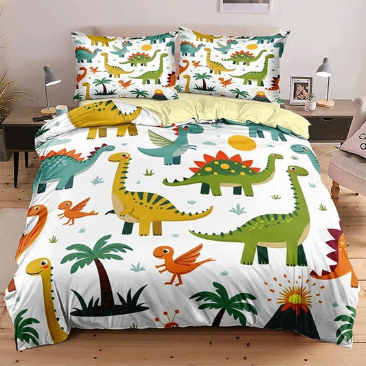 Dinosaur Duvet Cover Sets Queen Size for Kids Boys Girls Teens, Cartoon Yellow Comforter Cover,1 Duvet Cover 69x90 Inches and 1 Pillowcase 20x26 Inches (Queen,No Comforter)