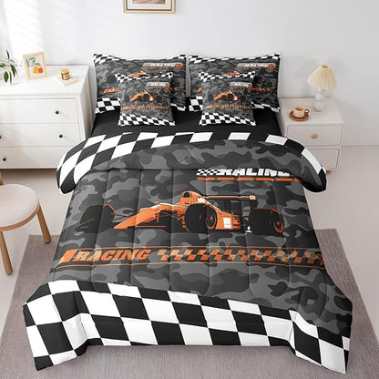 Feelyou Orange Racing Car 7 Piece Bedding Set King Size Kids Boys Cartoon Race Car Comforter Set with Sheets for Teens Toddler Extreme Sports Bed in a Bag Camouflage Bed Set