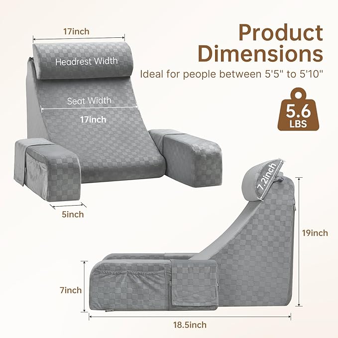 Vekkia Reading Pillow for Adults – Ergonomic 45° Wedge Back Support Chair for Sitting in Bed, XL Side Pockets, Perfect for Working, Gaming, Watching TV, Relaxing, or Recovery, Great Gift Idea, 19”