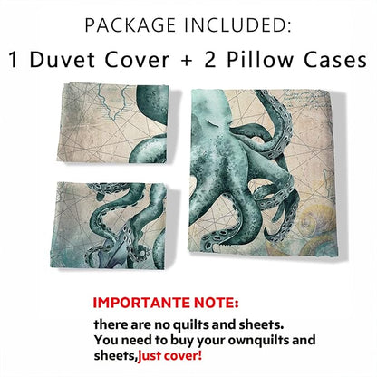 CVHOUSE Octopus Duvet Cover Queen Size,Sea Animal Mediterranean Style Design Bedding Set,Ocean Comforter for Kids Teens,1 2 Pillowcases 3 Piece Queen 89'x89'