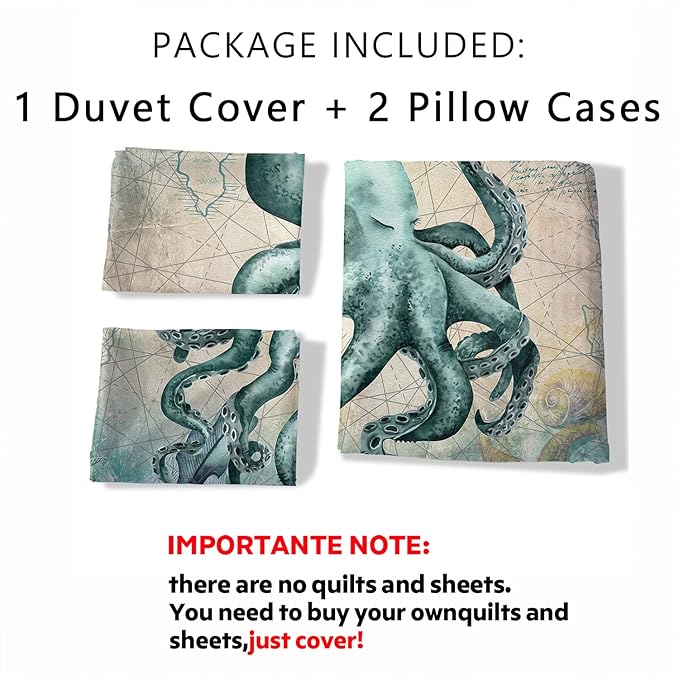 CVHOUSE Octopus Duvet Cover Twin Size,Sea Animal Mediterranean Style Design Bedding Set,Ocean Comforter for Kids Teens,1 2 Pillowcases 3 Piece Twin 71'x87'