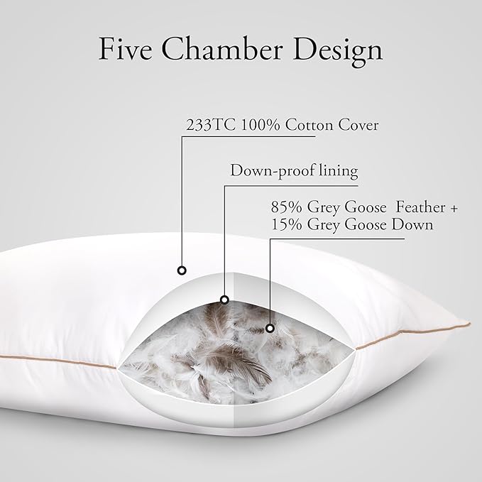 Deodar Goose Feather Down Pillows Standard Pack of 2 - Made in USA Bed Pillows Hotel Pillow Soft Fluffy for Sleeping Pillow for Sleepers 20" x 30"