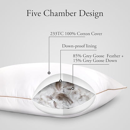 Deodar Goose Feather Down Pillows Standard Pack of 2 - Made in USA Bed Pillows Hotel Pillow Soft Fluffy for Sleeping Pillow for Sleepers 20" x 30"