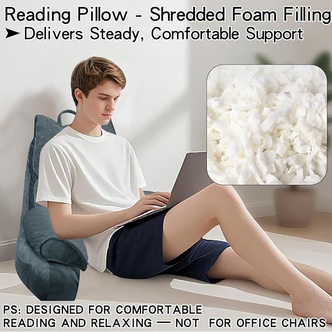 RRPAHWTV Reading Pillow for Bed with High Arm Rests ,Back Support Pillow for Sitting Up in Bed with Shredded Memory Foam for Reading, TV, Gaming or Relaxing on Floor（Charcoal Gray, Large）
