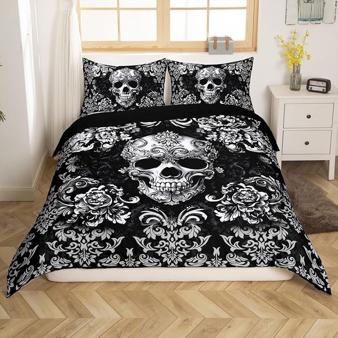 Castle Fairy Sugar Skull Duvet Cover Set Twin Size for Kids Teens Boys,Damask Floral Bedding Sets Girls Women Gothic Style Room Decor,Black Grey Ombre Flower Comforter Cover 2Pcs 1 Pillowcase