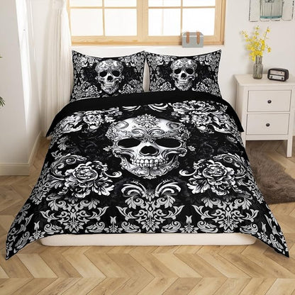 Castle Fairy Sugar Skull Duvet Cover Set Twin Size for Kids Teens Boys,Damask Floral Bedding Sets Girls Women Gothic Style Room Decor,Black Grey Ombre Flower Comforter Cover 2Pcs 1 Pillowcase