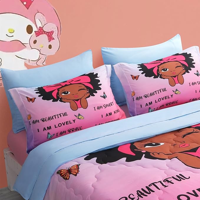 7 Piece Black Girls Magic Comforter Sets Queen Size African American Girl Bedding Set Bed in A Bag for Girls Kids Teens Inspirational Quotes Pink Blue Quilts Room Decor
