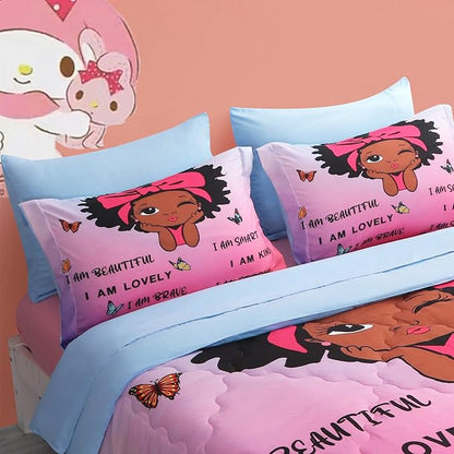 7 Piece Black Girls Magic Comforter Sets Queen Size African American Girl Bedding Set Bed in A Bag for Girls Kids Teens Inspirational Quotes Pink Blue Quilts Room Decor