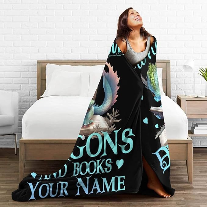 Custom Dragon Blanket with Name for Boys Girls, Personalized Cute Dragon Themed Design Printed Throw Blankets for Kids Lap, Chair Sofa, Giftable Blanket, 40"x 50"