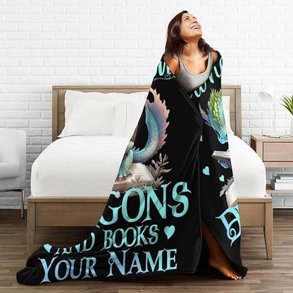 Custom Dragon Blanket with Name for Boys Girls, Personalized Cute Dragon Themed Design Printed Throw Blankets for Kids Lap, Chair, Giftable Blanket, 30"x 40"