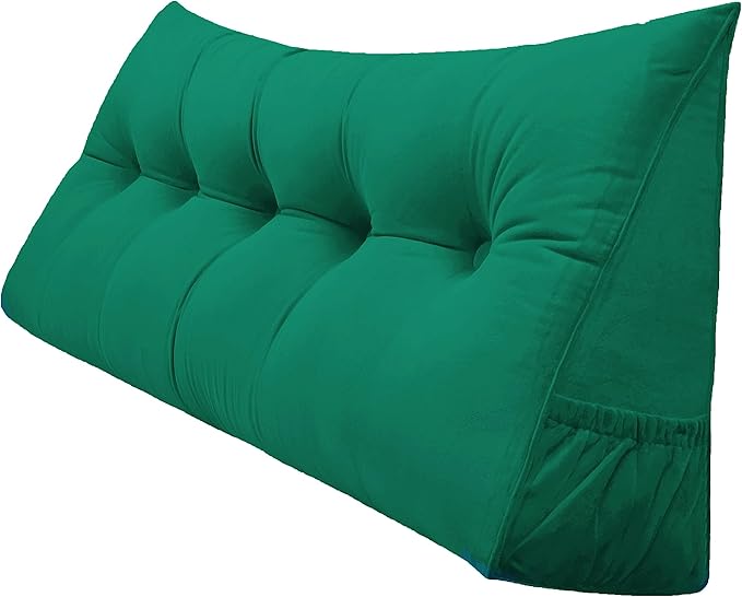 Triangular Reading Bed Rest Pillow Large Bolster Cushion Headboard Backrest Wedge Pillow with Removable Cover and Two Large Side Pockets (Green, King: 78 x 8 x 20 inches)