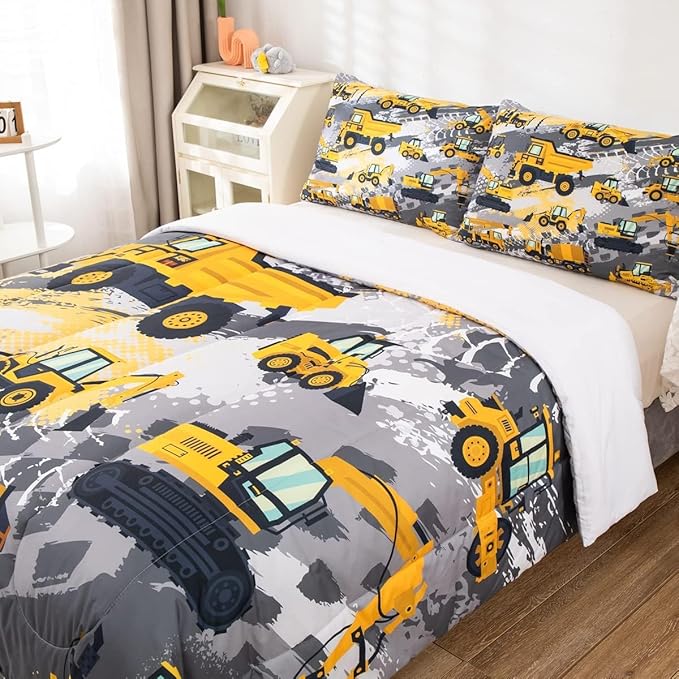 Feelyou Kids Construction Comforter Set Toddler Size Bedding Sets for Boys Children Cartoon Excavator Tractor Comforter Set Construction Machinery Truck Duvet Set Baby Boys Vehicles Cars Bed Set