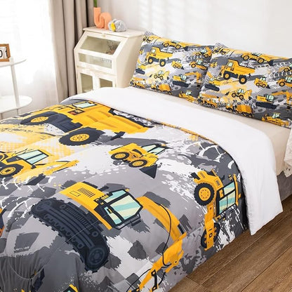 Feelyou Kids Construction Comforter Set Toddler Size Bedding Sets for Boys Children Cartoon Excavator Tractor Comforter Set Construction Machinery Truck Duvet Set Baby Boys Vehicles Cars Bed Set