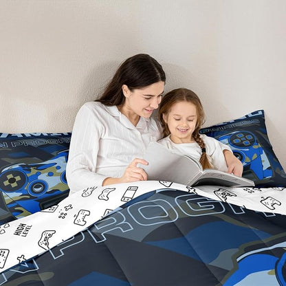 Feelyou Boys Gaming Comforter Set Toddler Size Teens Gamer Bedding Set Retro Blue Camouflage Video Game Controller Comforter for Kids Youth Bedroom Decor Gamer Console Action Buttons Duvet Set