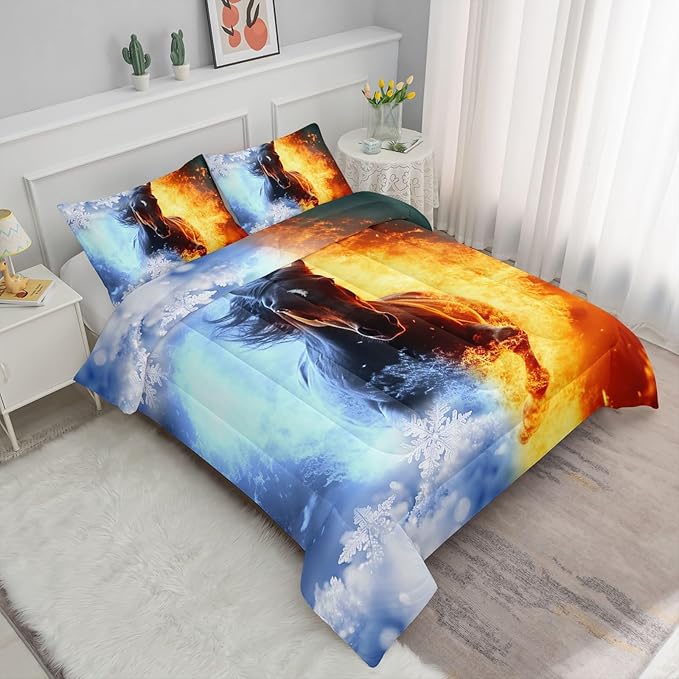 3D Horse Comforter Set Fire Ice Printed Bedding Set with 1 Comforter and 2 Pillowcases for Boys and Girls Bedroom All Season(Horse Full)