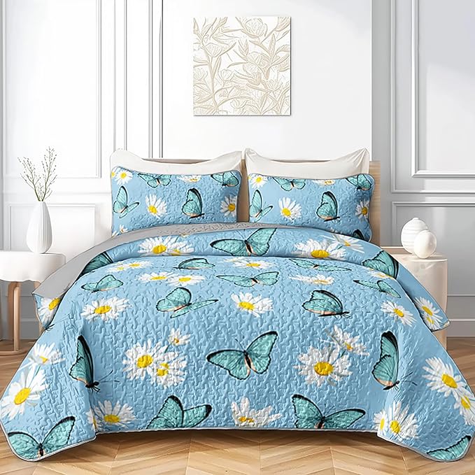 QOOMO Butterfly Quilt Set King Size,Daisy Bedspread Coverlet Set,Butterflies 3Pcs Bedding Set Printed Quilt with 2 Pillowcases,Soft and Lightweight,for All Seasons