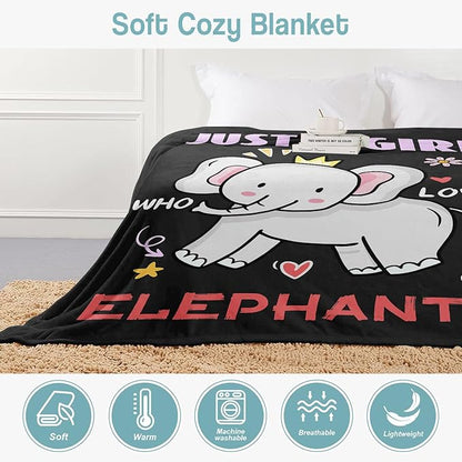 Elephant Lover Blanket, Just A Girl Who Loves Elephants Blanket, Soft Warm Cozy Fleece Throw, Gifts for Girls Women Kids, 50"x60", Black