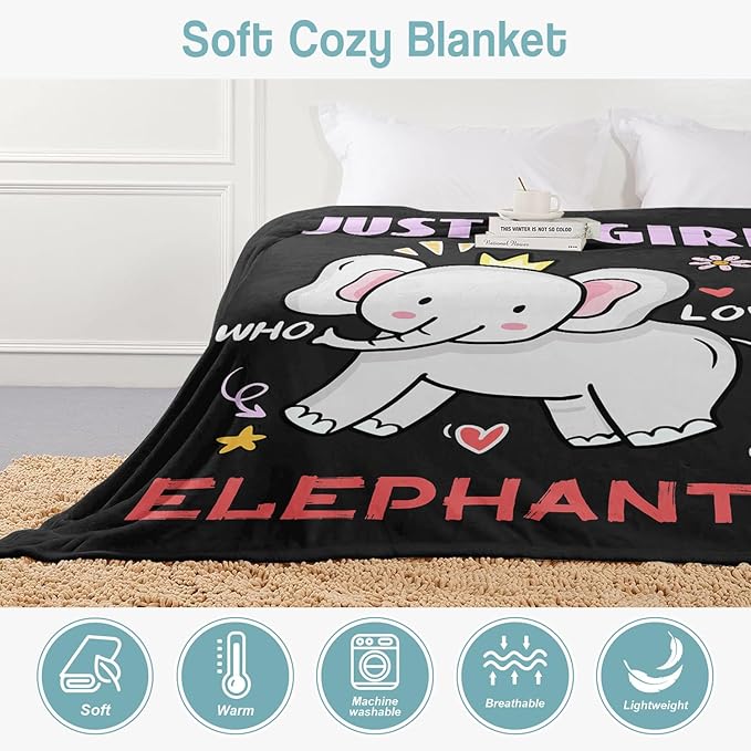 Elephant Lover Blanket, Just A Girl Who Loves Elephants Blanket, Soft Warm Cozy Fleece Throw, Gifts for Girls Women Kids, 40"x50", Black