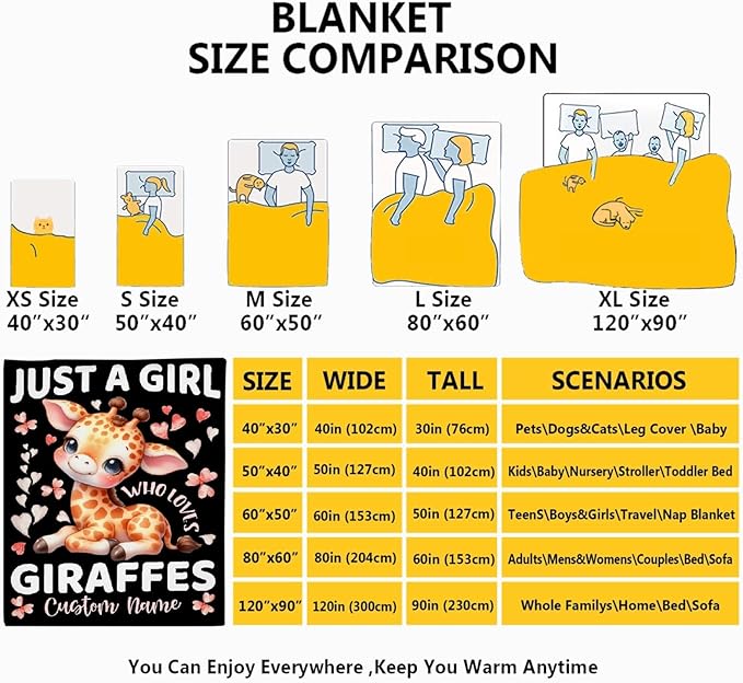 Giraffe Custom Blanket with Name Throw Blanket for Girls Just A Girl Who Loves Giraffe Gifts for Women Soft Comfortable for Bedding Couch Camping Traveling 50x60inches