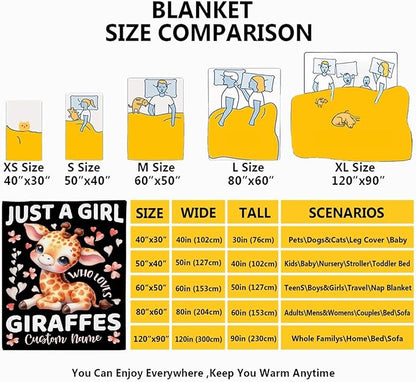 Giraffe Custom Blanket with Name Throw Blanket for Girls Just A Girl Who Loves Giraffe Gifts for Women Soft Comfortable for Bedding Couch Camping Traveling 60x80inches