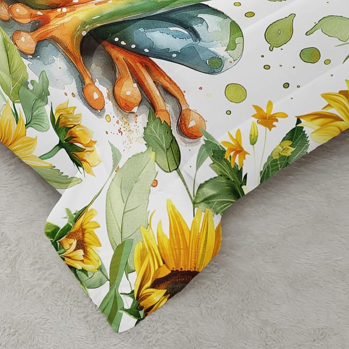 Cartoon Green Wild Frog Comforter 3Pcs Yellow Sunflower Bedding Queen Tropical Amphibian Animal Quilt Set for Kid Teen Girl Boy Adult Botanical Leaf Bed Decor with 1 Comforter and 2 Pillowcases
