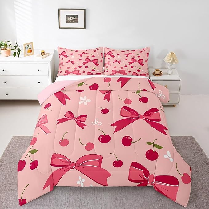 Feelyou Bow Comforter Set for Girls Boys Kids Twin Size Cheery Comforter Room Decor Cute Bedding Set Hot Pink Duvet Set