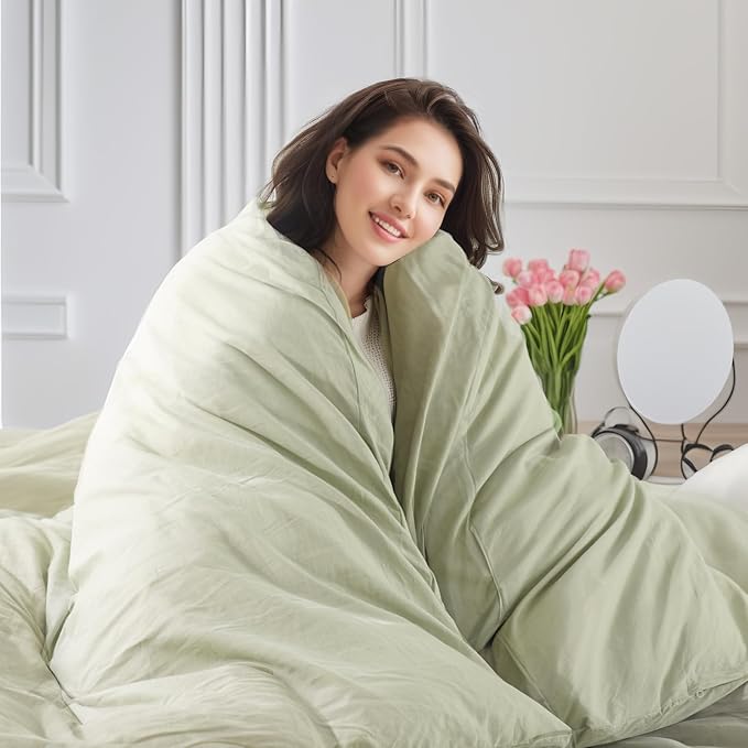 NEXHOME PRO Duvet Cover Set Super Queen 92"x98" Linen Feel Textured Organic Natural 100% Washed Cotton Duvet Cover 3 Pieces Bedding Set Zipper Closure, Breathable, Mint Green (No Comforter)