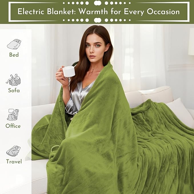 Electric Heated Blanket 84"x90" Queen Size Flannel Heated Blanket, Cozy & Warm for All Night, 5 Heat Settings & 10 Hours Auto Off, Machine Washable, Light Grass Green