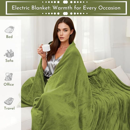 Electric Heated Blanket 72"x84" Full Size Microplush Cover Blanket, 5 Heat Settings & 10 Hours Auto Off, Cozy & Warm for All Night, Machine Washable, Light Grass Green