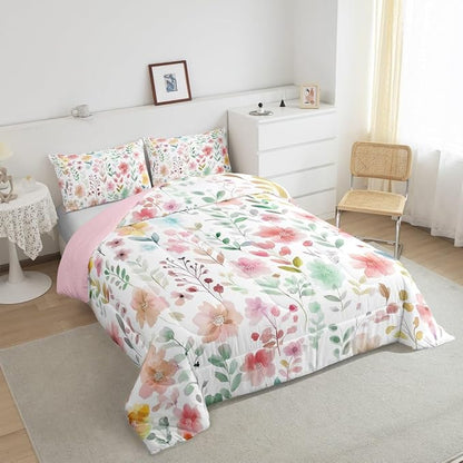 Erosebridal Cute Floral King Comforter Set,Pink Beige Flower Bedding Set for Kids Girls Women,Boho Flowers Wildflower Quilt,Botanical Plant Green Leaf Bedroom Decor,2 Pillowcases Breathable