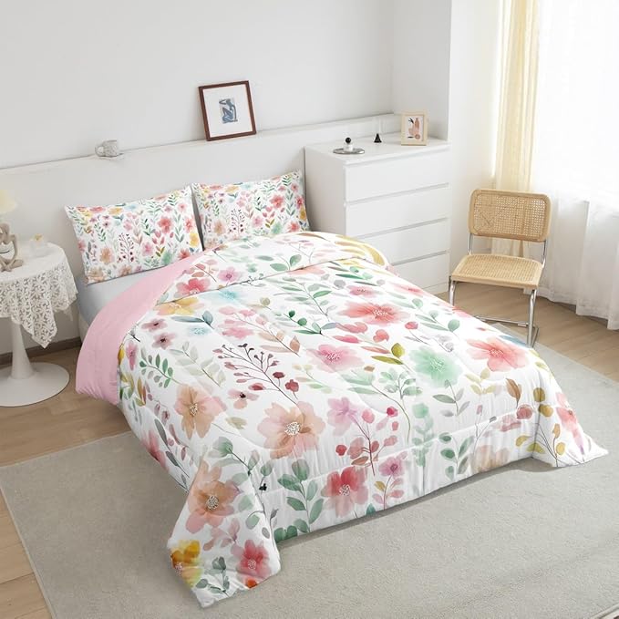 Erosebridal Cute Floral Toddler Bedding Set,Pink Beige Flower Comforter Set for Kids Girls,Boho Flowers Wildflower Bed Set,Botanical Plant Green Leaf Room Decor,1 Pillowcase Breathable